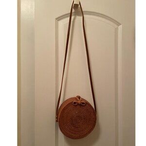 Round Rattan Handbag, with Tropical Fabric Lining, Leather Strap